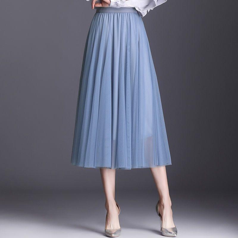 Korean High-Waist Mid-Length Tulle A-Line Skirt - Spring/Summer Pleated Mesh Design