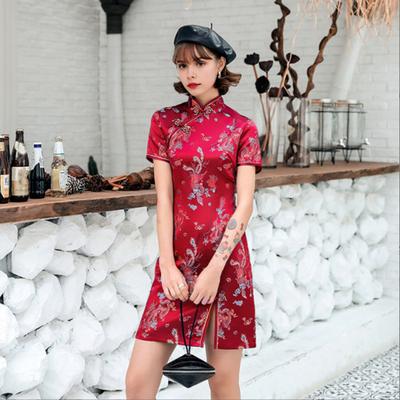 Frauen Sommer Cheongsam Stehkragen Dragon Phoenix Print Split Saum Qipao Schlank