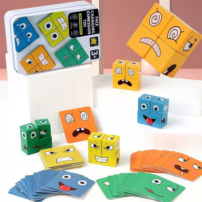 Children'S Wooden Expression Face-Changing Rubik'S Cube Building Block Puzzle Parent-Child Interaction Table Games Early Education Educational Toys