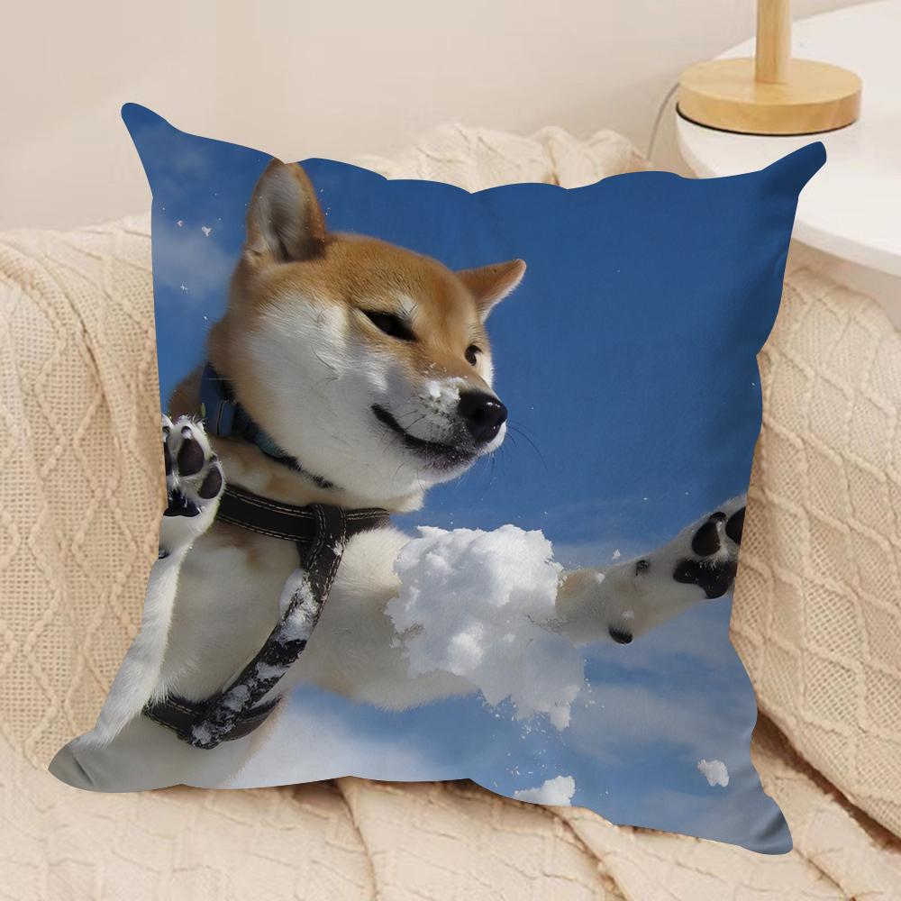 Cute Shiba Inu Cushion Cover Soft Plush Fabric Double-Sided Printed Sofa Cushion Cover for All Seasons Home Decor Gift