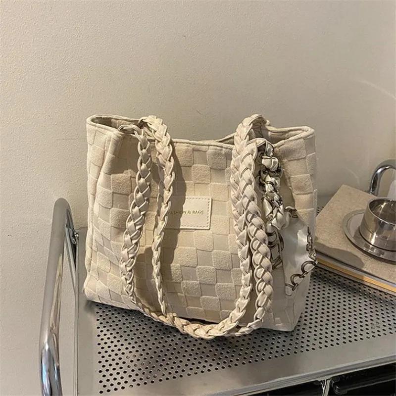 

Женская холщовая сумка на плечо Повседневная сумка-багет Сумка-тоут Клетчатый шарф Сумка-портфель 27x27x10cm бежевый