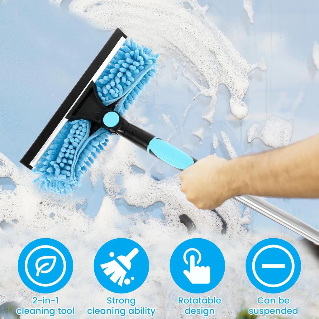 2 in 1 Window Squeegee Kit Lengthened Glass Cleaner Tool Rotatable Telescopic Window Washing Kit for Shower Glass Door Mirrors