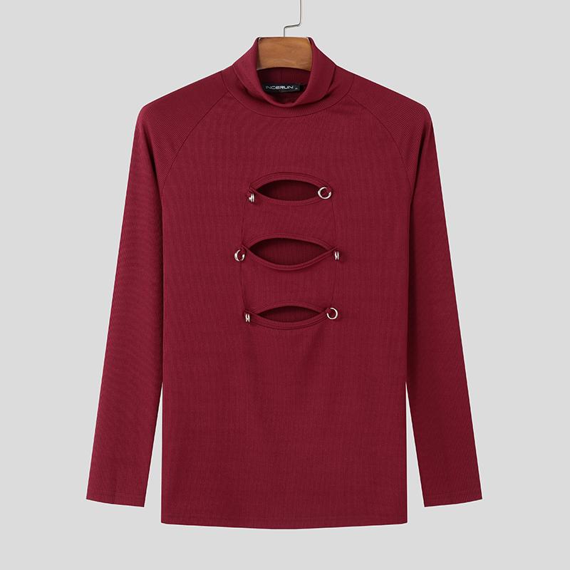 

INCERUN Мужские весенние водолазки с вырезом, топы с длинным рукавом, пэчворк, майки L красный