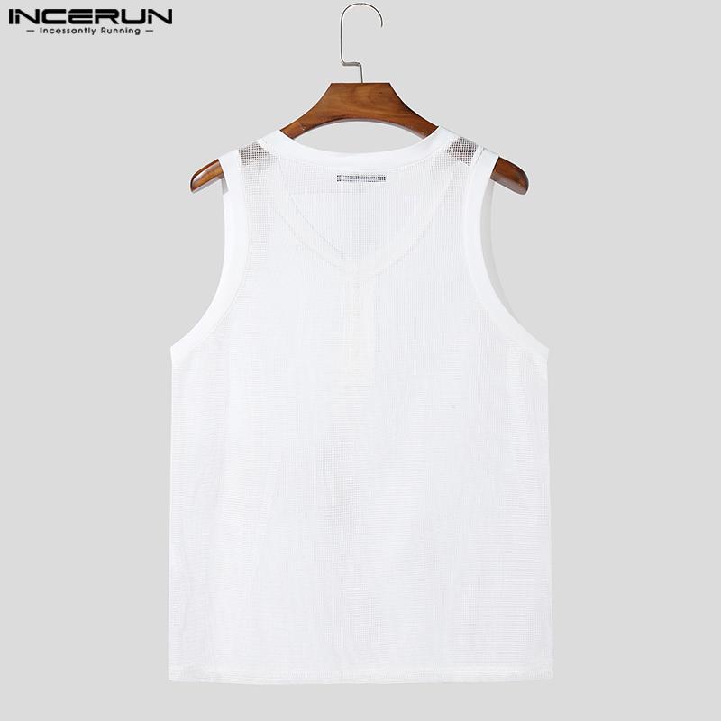 INCERUN Summer Men Sleeveless Hollow Out Mesh Sheer Casual Tank Tops