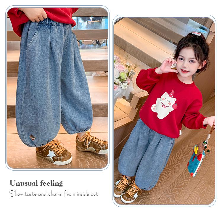 Girls' Soft Denim Lantern Jeans with Bow Embroidery - Baby Girl Fashionable Korean Style Pants for Spring and Autumn