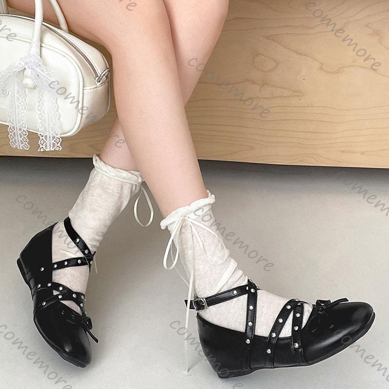 Comemore French Retro Shallow Mouth Mary Jane Shoes for Women Inner Heighten Square Head Single Shoes Cross Belt Solid Flats