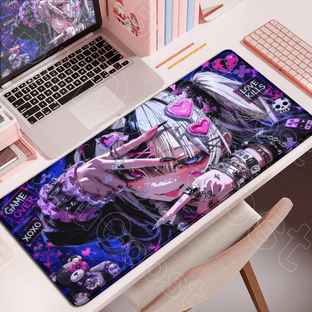 Large Rubber Gaming Rug Girls Kawaii Anime Girls 90x40 Mouse Pads Pink HD Printing Computer Keyboard Mats Washable Jirai Kei Rug