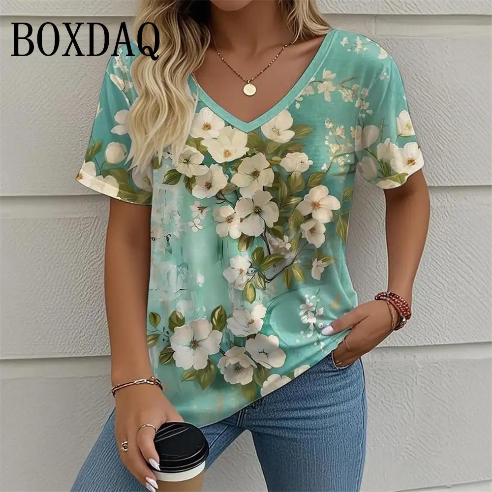Plant Flower 3D Printed Women's T-shirt Retro V-neck Short Sleeved