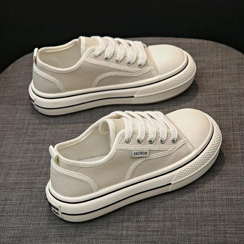 Women Canvas Shoes 2024 Spring Students Thick Bottom Sneaker Casual Lace Up Shallow Mouth Flat Board Tennis Zapatillas Designer
