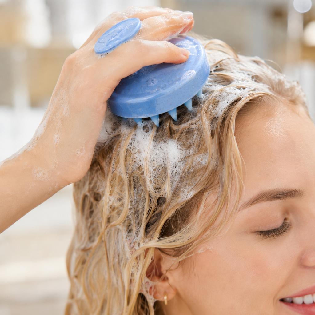 Silicone Scalp Massage Shampoo Brush with Biodegradable Wheat Straw Handle for Deep Hair Cleaning and Scalp Stimulation Suitable for Wet and Dry Hair