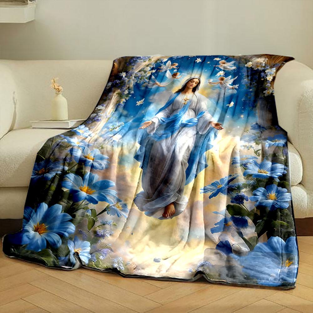 Virgin Mary Angels Flowers Blanket Printed Blanket for Living Room Bed Couch Lunch Break Soft Cozy Blanket for Friend's Festival Gift