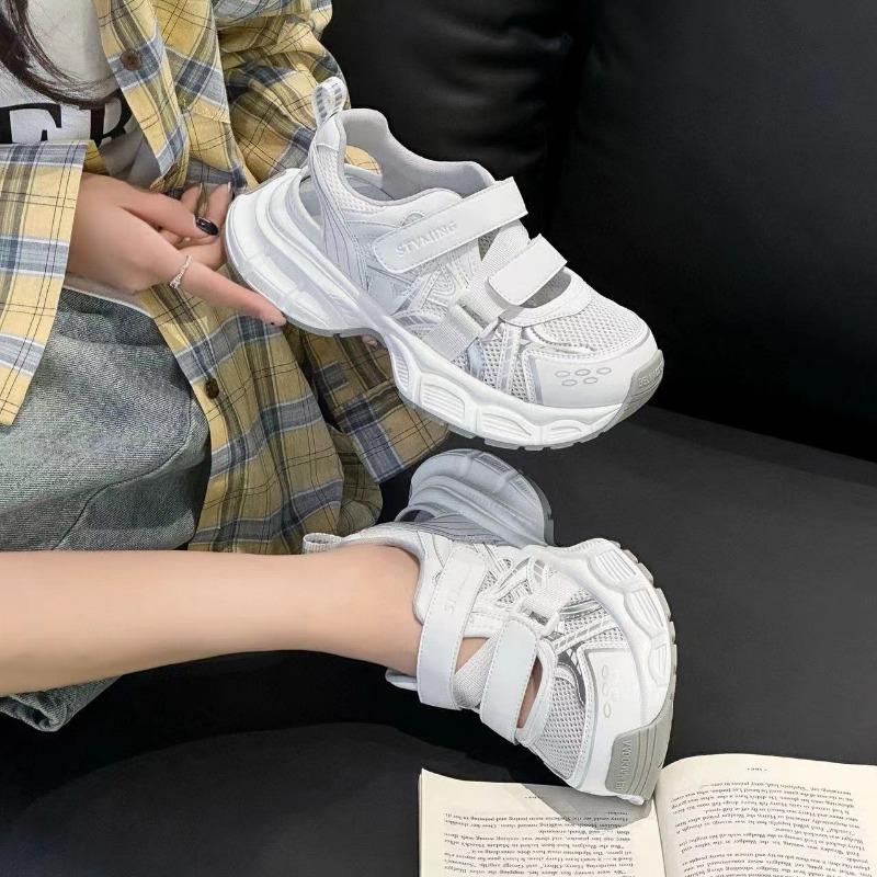 

Leather mesh casual sandals women s summer thick-soled heightening shallow mouth hollow Velcro dad shoes 35 белый