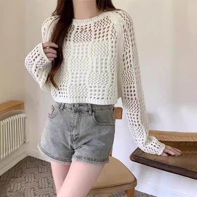 Summer Women's Knitted Sweater Top Versatile Sunscreen Thin Hollow Knitted Blouse with Suspenders and Mesh Shirt
