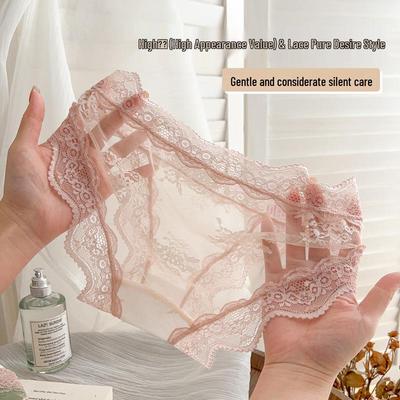 French Lace Mesh Satin Panties with Cotton Crotch - Breathable, Transparent, Sexy Style for Women