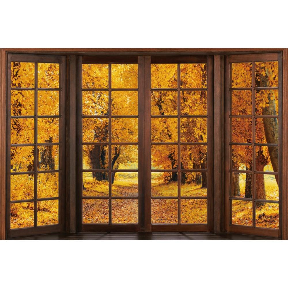 Autumn Forest Window Photography Backdrop Fall Maple Leaves Pumpkin Harvest Thanksgiving Kids Portrait Photo Background Decor