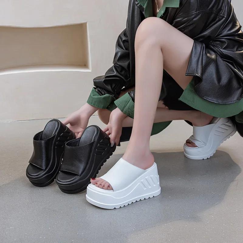 10CM Genuine Leather Sandals Platform Wedge Flats Women Sandals New Summer Hollow Beach Flip-flops with Bare Toes Slippers Shoes