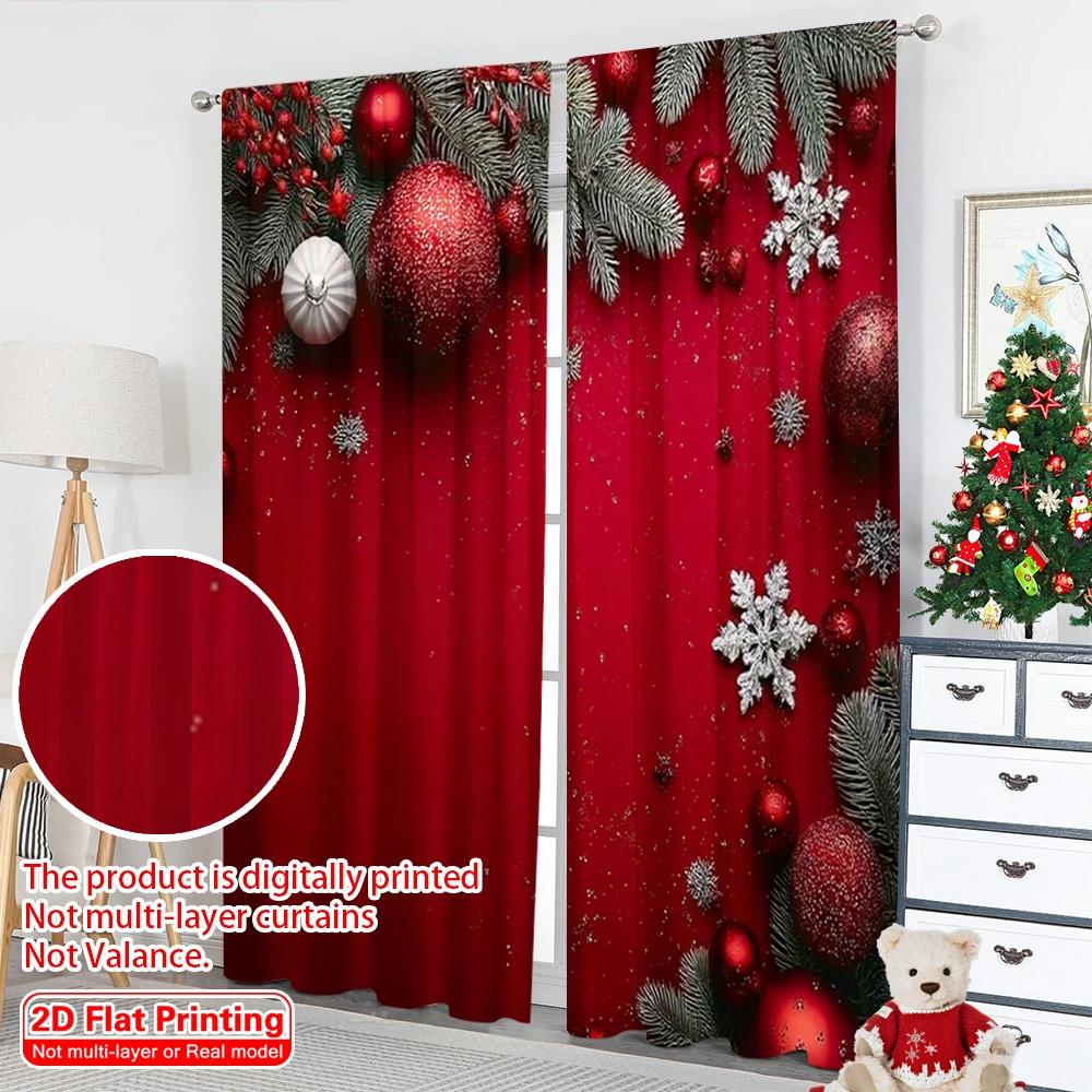 Set Of 2 Flat Printing Fashionable Christmas Curtains Pine Branches Snowflakes Digital Printed Polyester Drapes Spring Curtain