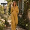 Everyday Wear Jumpsuit Women's Long Sleeve Jumpsuit, Deep V Neck Loose Wide Leg Plus Size Women Rompers, High Waist Summer Casual One Piece