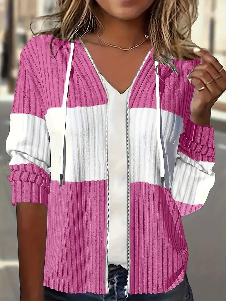 Felpa da donna casual color block con coulisse e cerniera, stile streetwear con tasche