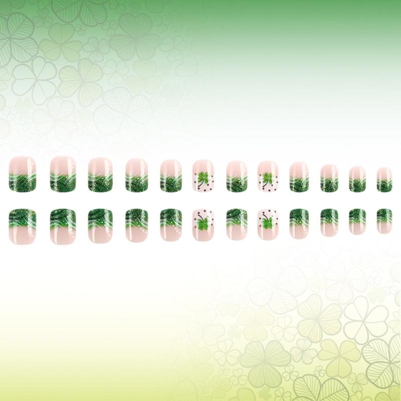 24 Pezzi Unghie Finte Corte a Pressione con French Tip Trifogli Unghie Adesive Giorno di San Patrizio Unghie Acriliche per Donna