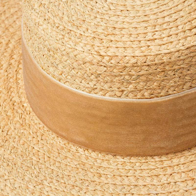 European and American spring and summer new velvet decorative with wide brim flat top Lafite straw hat outdoor sunscreen sunshade beach straw hat