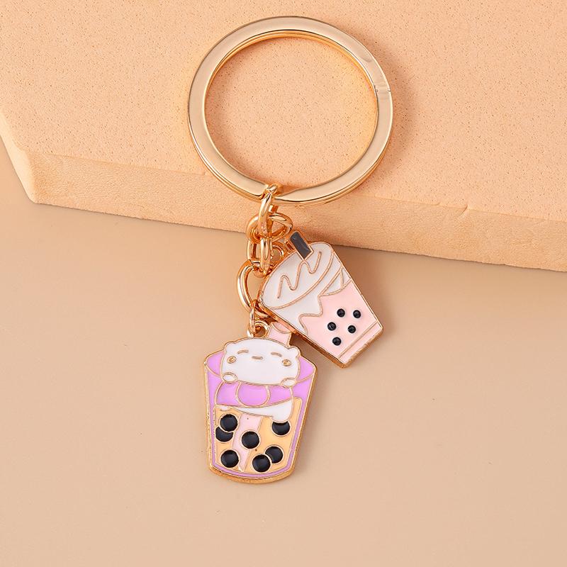 Cute Enamel Simulation Food Keychain Ice Cream Bubble Tea Key Ring Women Girls Handbag Pendants DIY Jewelry Gift