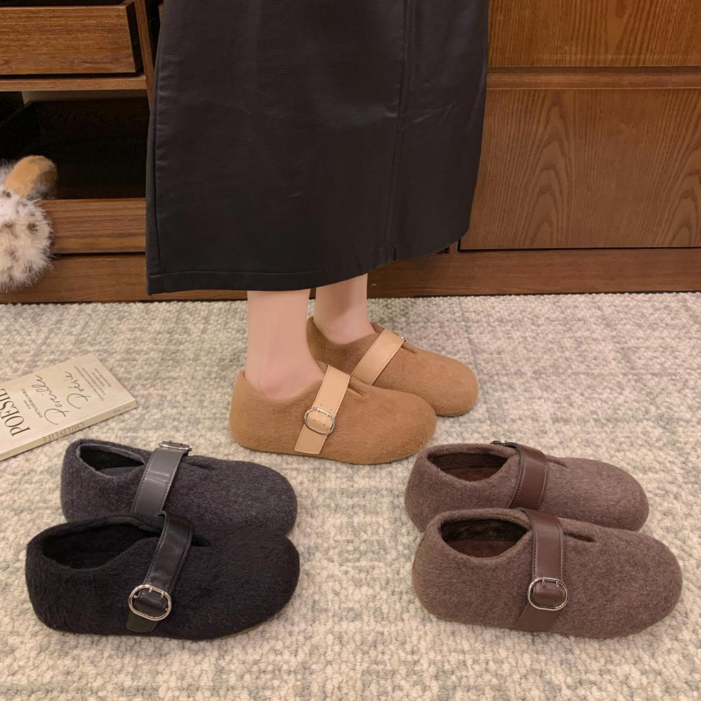 Retro fleece leather~ Soft leather flat-bottomed Mary Jane shoes women's 2025 autumn fleece round head belt buckle light mouth single shoes plush