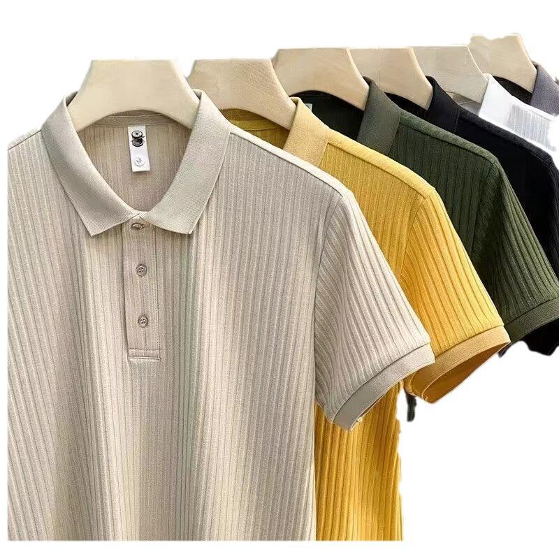 Men's Slim-Fit Dark Striped Textured Ice Silk Polo Shirt - Short-Sleeve Summer Business Casual Lapel Tee