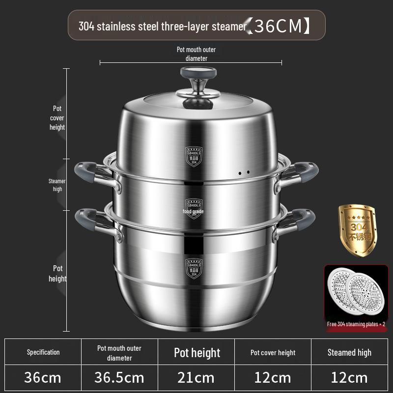 Large Capacity 304 Stainless Steel Steamer Pot with Thickened Multi-Layer Steaming Baskets for Household Use