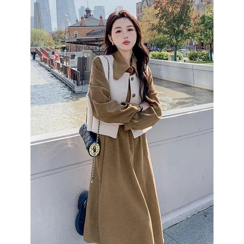 French-Style Long-Sleeve Shirt Dress with Vest Two-Piece Set, Plus-Size for Curvy Women, Tummy-Concealing, Slimming, Age-Reducing Long Dress Set