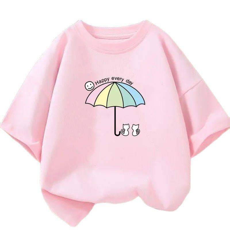 

Kawaii Summer Kids T-Shirt for Girls Cute Umbrella Cat Design O-Neck Pink Cartoon Top Children s Fashion Tees 100