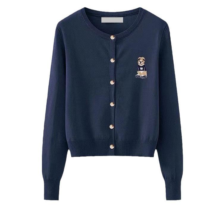 Podzimní preppy styl pletený kardigan s medvídkovou výšivkou, slim fit, všestranný top s dlouhým rukávem a kulatým výstřihem pro ženy