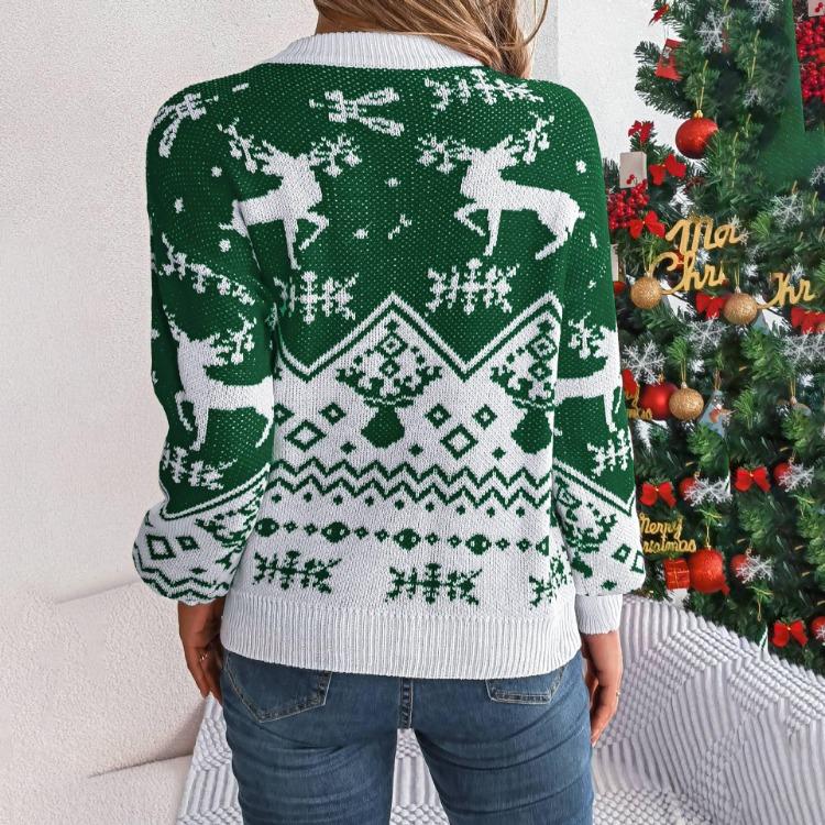 Knitwear Vintage Cardigan Print Sweater Autumn Winter Long Sleeve Loose O-Neck Top Christmas