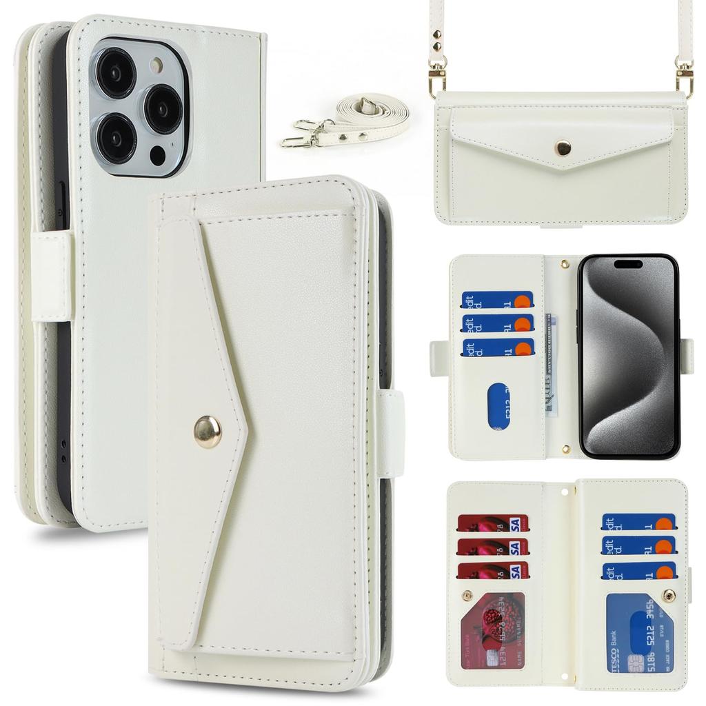 Hamany iPhone 15 Pro Smartphone Umhängetasche mit Kartenfach Groß Ständer Voll Geeignet für oder Crossbody Tragen Bernstein und Weiß Hülle, Fächer im Brieftaschen-Stil,