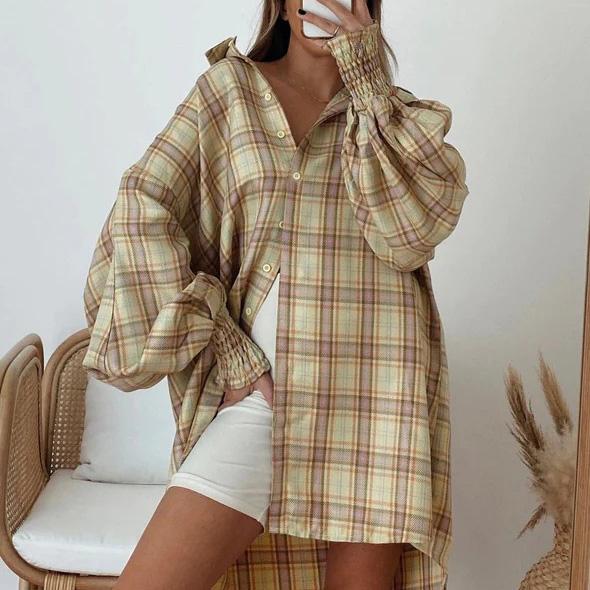 Women Spring Autumn Temperament Large Lapel Collar Plaid Shirt Loose Blouses Long Lantern Sleeve Cardigan S-XL
