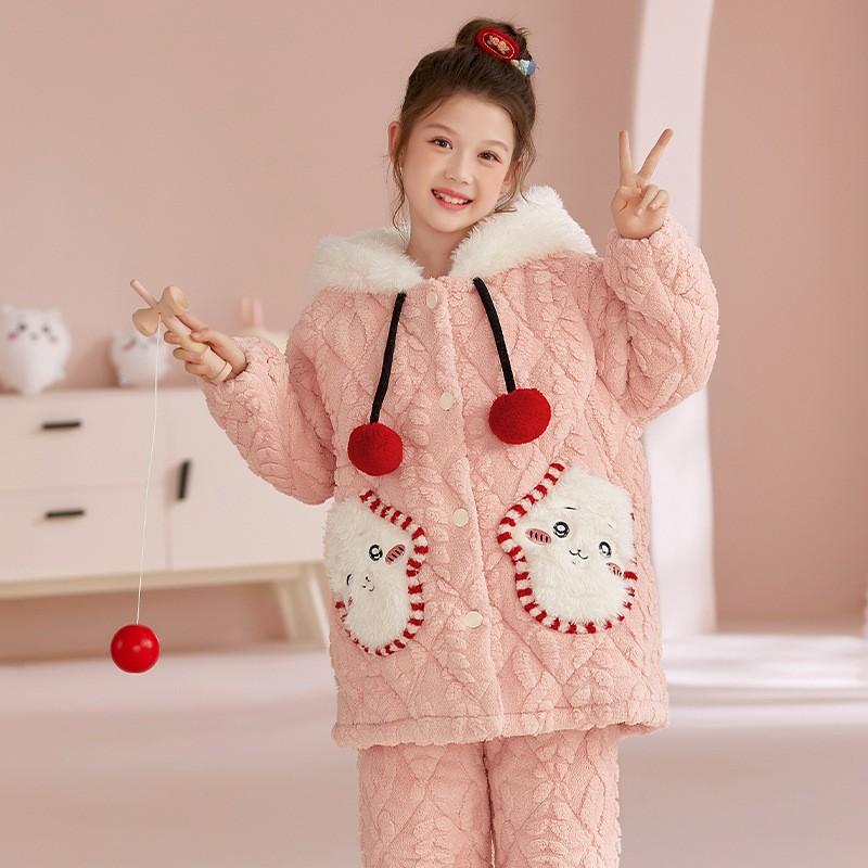 Girls Winter Warm Coral Fleece Pajama Set 3-Layer Quilted Sleepwear Cartoon Animal Print Kid Home Outfit