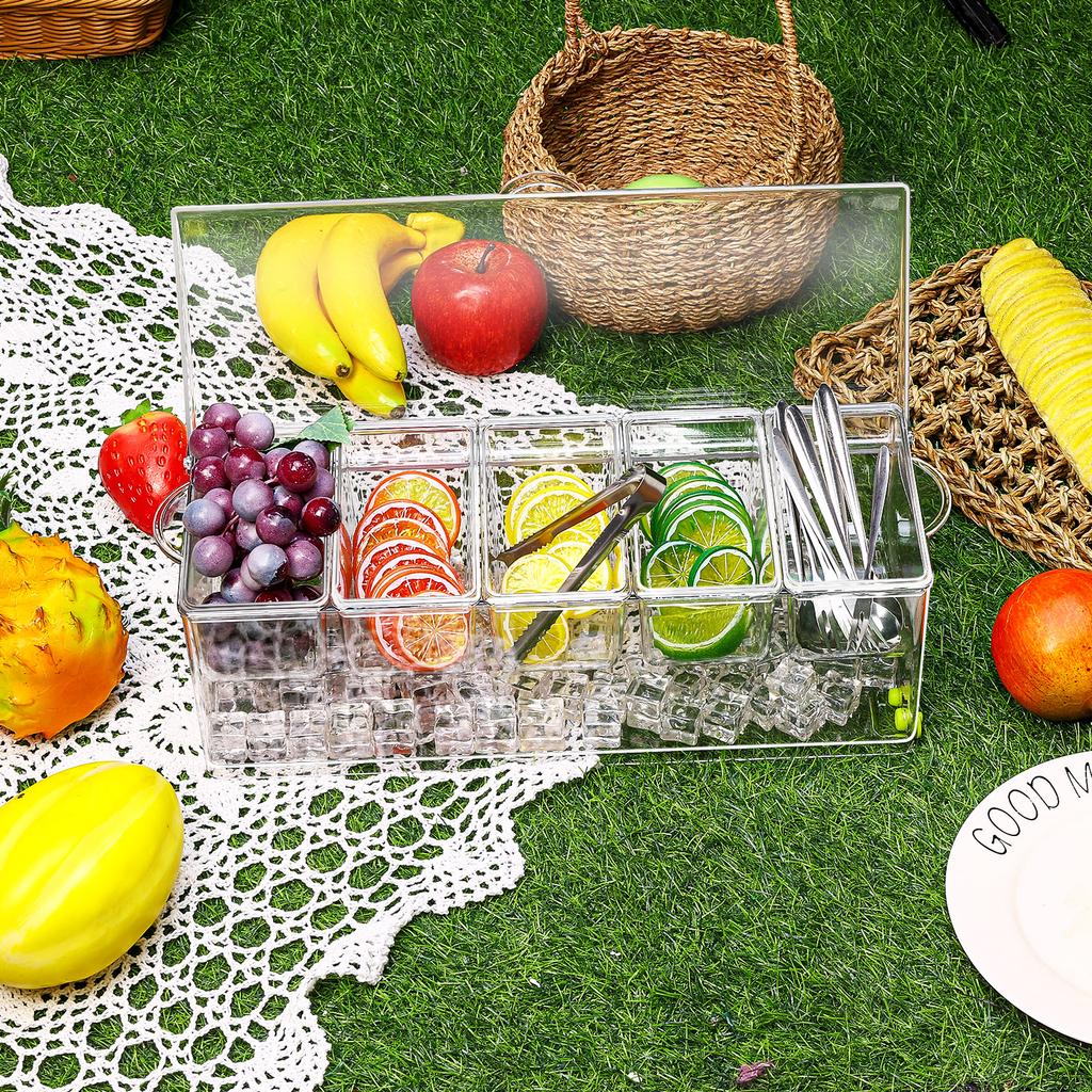 Chilled Condiment Containers with 5 Removable Compartments Chilled Condiment Server Tray for Party Supplies & Bar Accessories
