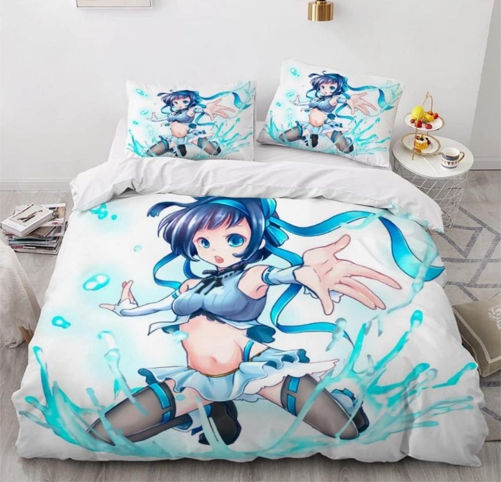 Anime Girl Cartoon Bed Linen Set 3-Piece 3D Print Anime Duvet Cover with Zip Microfibre Teenager Duvet Covers with 2 Pillowcases
