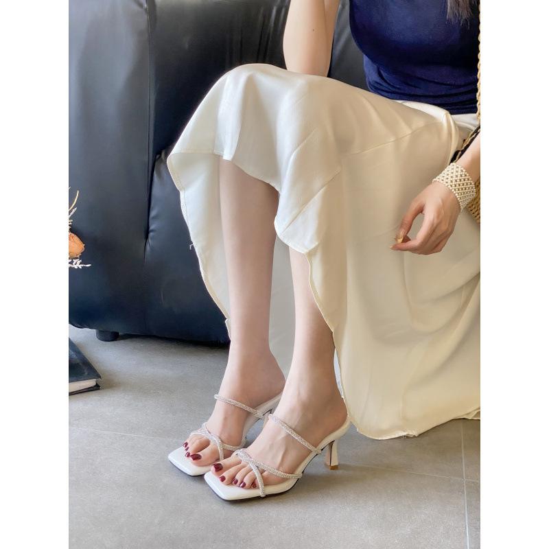 New square head high heel thick sole soft sole soft surface rhinestone belt open toe thin heel women's shoes sandals high heels