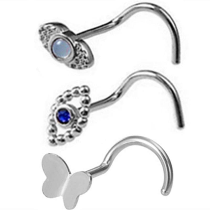 3PCS Pink Crystal Bend Nose Piercing Stud Set Spider Nose Ring Bulk Twist Butterfly Nose Rings And Studs Pack Piercing Nariz Lot