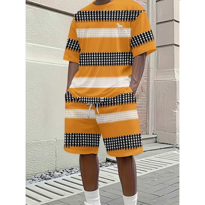 Men s Hip Hop Style Set: Vibrant Orange with Contrast Checkered Motif & Shorts. Trendy Urban Fashion Plus Size for Outdoor & City Walk S разноцветный