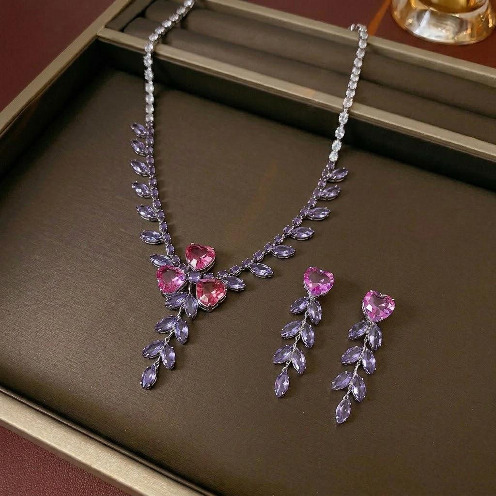 Trendy Heart-Shaped Purple Zircon Necklace & Earrings Set