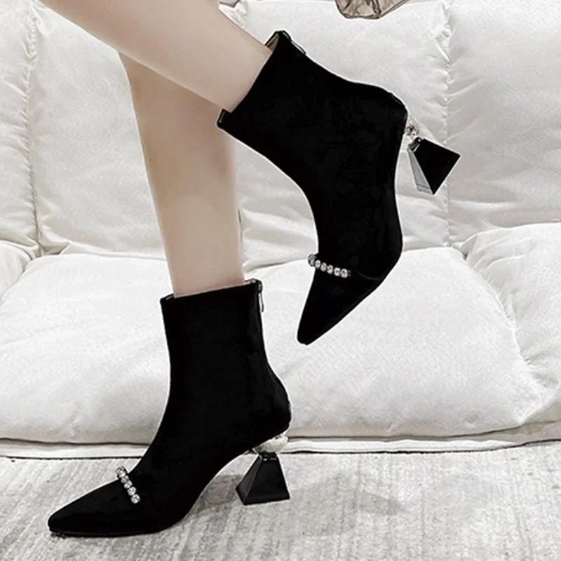 Fashion Luxury Crystal Suede Women Shoes Sexy Pointed Toe High Heels Ankle Boots 2025 Trend New Party Dress Elegant Pumps Botas Mujer