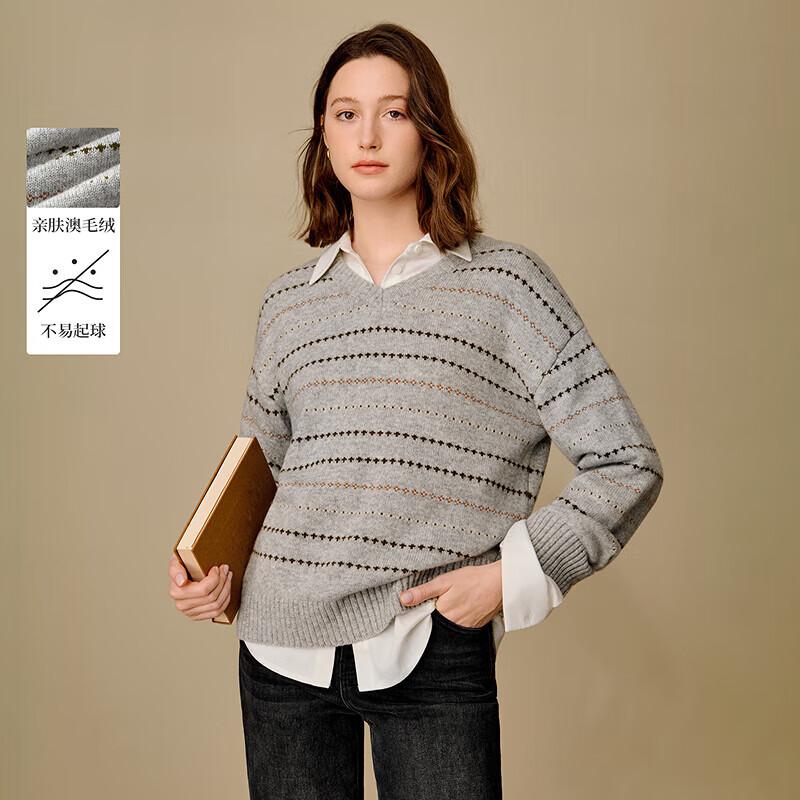 INMAN Women s Australian Wool Blend Striped V-Neck Sweater M