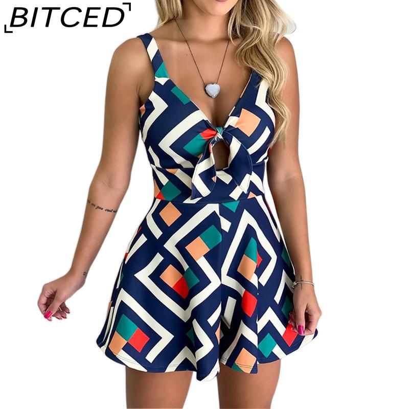

BITCED Women s Sexy Strappy Top with Bow-Tie Neckline, Printed Loose-Fit Jumpsuit Shorts XXXXXL різнокольоровий