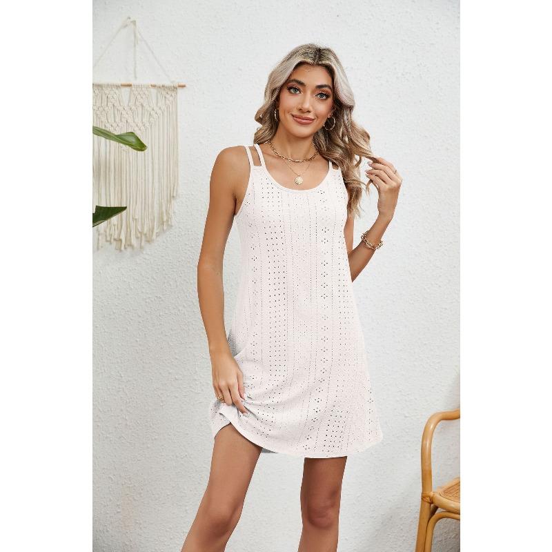 VEZFAA Women s Fashion Summer Spring Solid Color Print Sleeveless Suspenders Loose Waistlinet Casual Dresses S