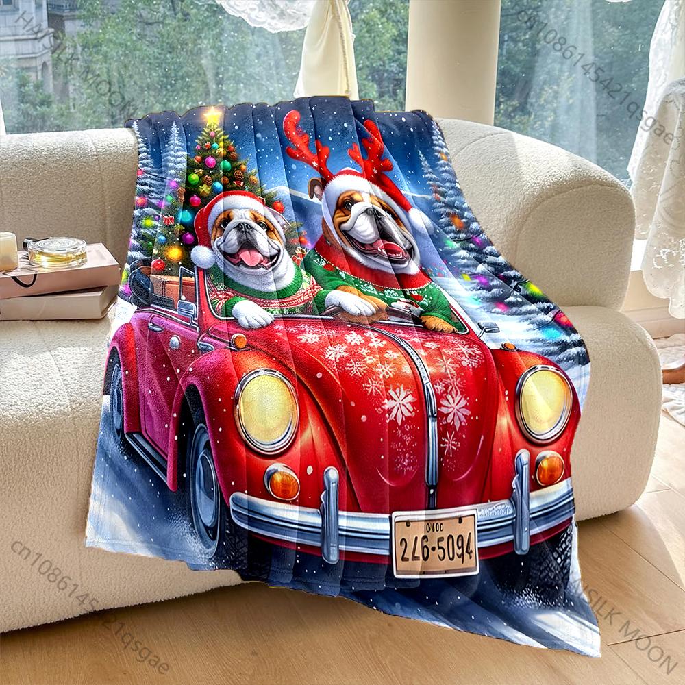 Two Bulldogs On A Christmas Car Print Blanket Warm Soft Luxury Gifts for Children Adults Suitable for Home Sofa Bed Travel RV
