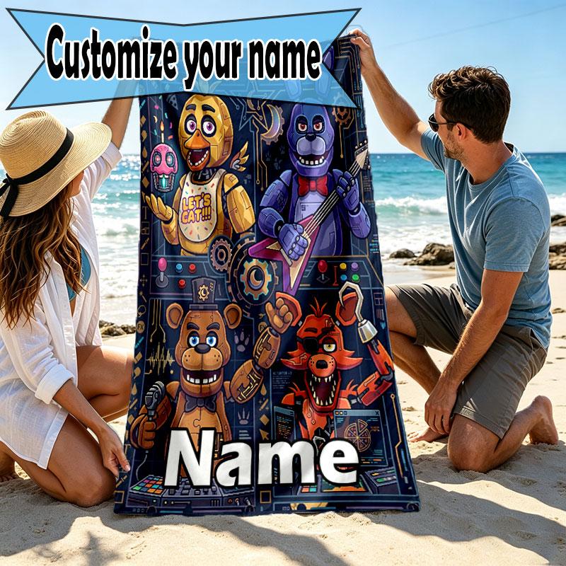 Personlig tilpasset strandhåndkle med navn, Five Nights at Freddy's-trykk, for reise, camping, strandfest, hjemmedekor, bursdagsgave til familie og venner