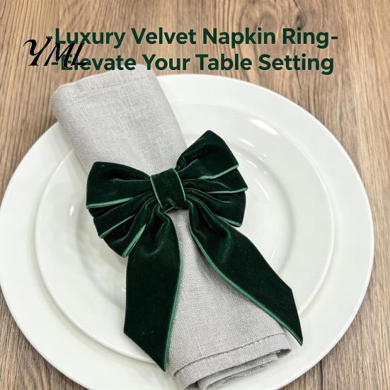 Klassieke Kerst Tafeldecoraties 6 Stuks Fluwelen Strik Servetringen, Stofhouders, Rode Elegante Retro Decoraties Groene Ringen voor Diner Feestdagen