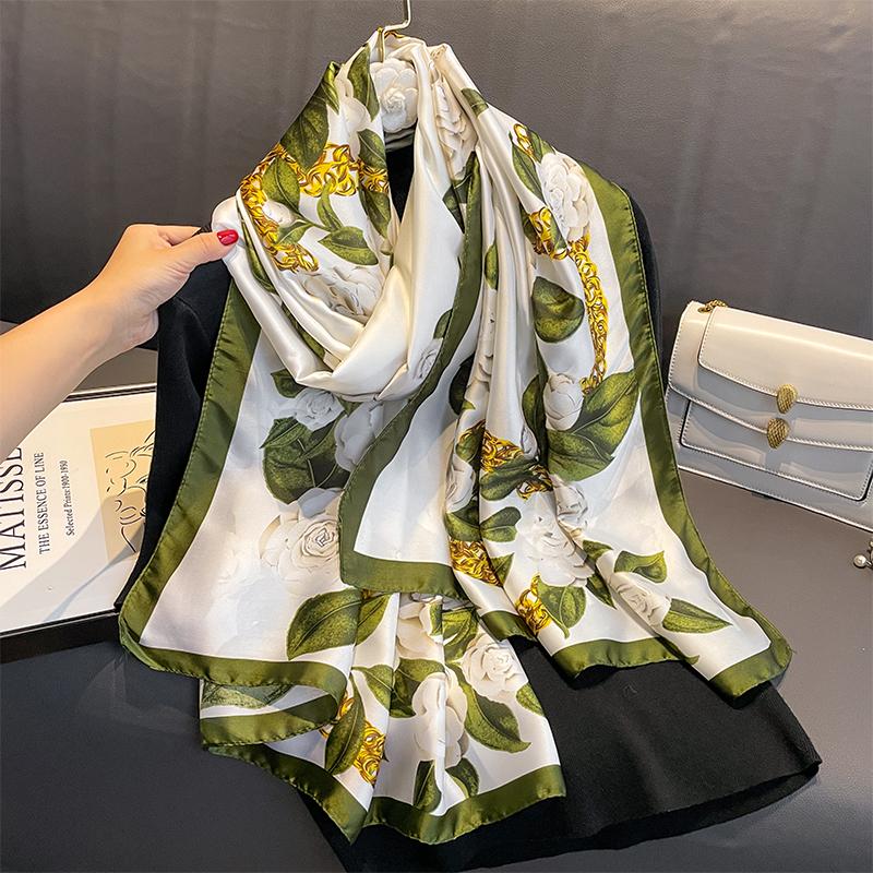 Silkeskjerf Dame Luksusmerke Hijab Skjerf Blomstret Foulard Femme Sjal Wraps Silke Bandana Hodeskjerf Hijab Strandponcho